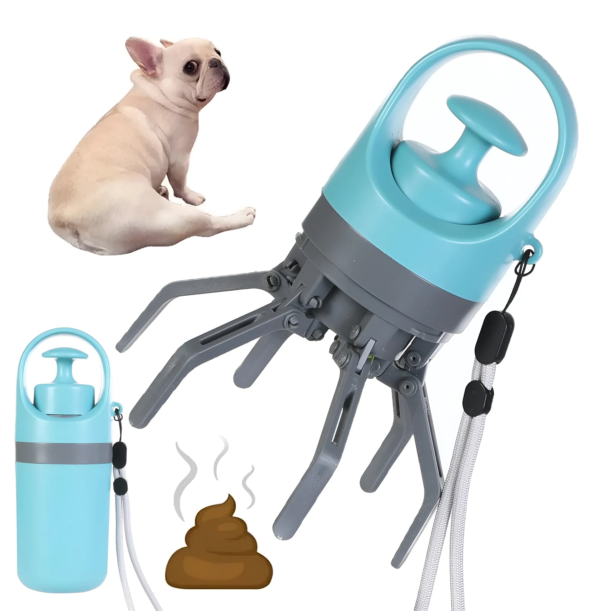 Blue plastic dog pooper scooper with claw mechanism and built-in bag dispenser