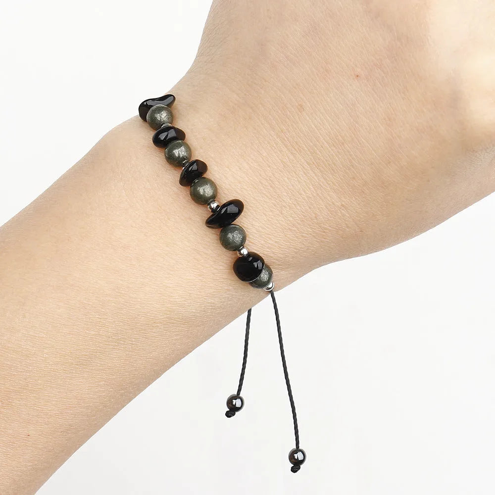Black garnet stone bracelet with geometric gravel pattern and moon elements