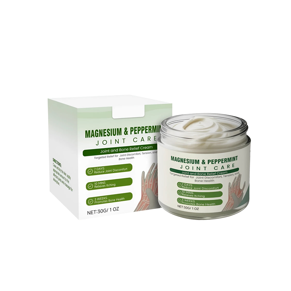 30g tube of joint and bone relief cream with arnica, turmeric, and mint leaves.