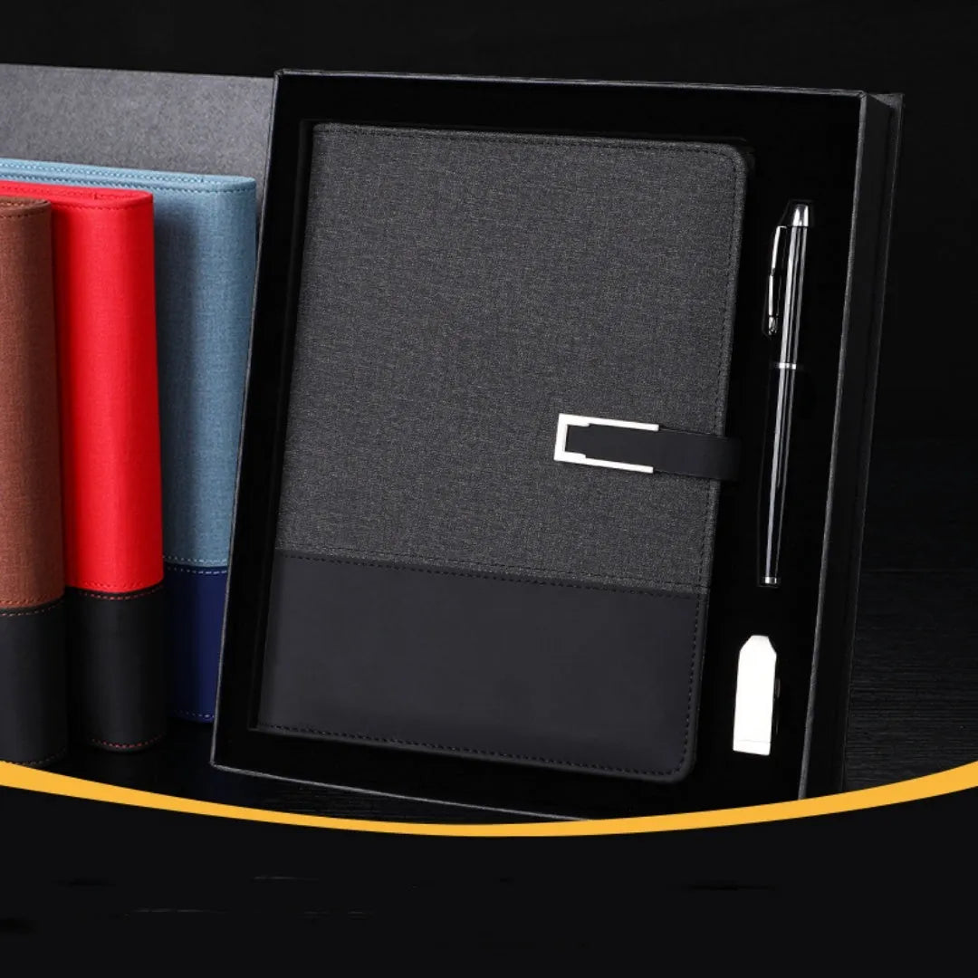 A5 notebook with PU leather cover in Business Brown colour, showing wood-free paper pages and gift box option