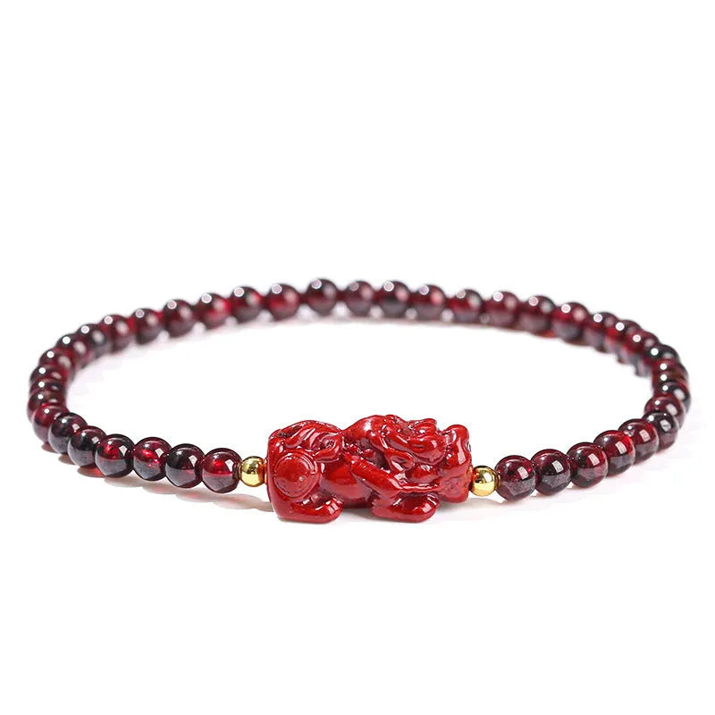 Natural garnet square bracelet with geometric design and Pixiu charm, 3A purity grade