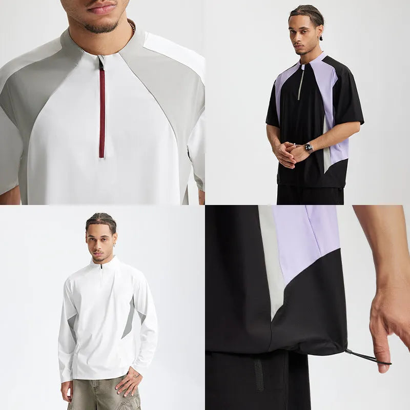 Men's lightweight polyester top in black or beige with long or short sleeves, solid colour pattern, sizes M XL for leisure wear