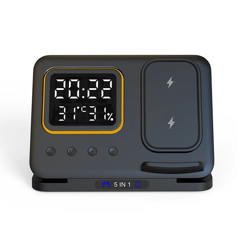 Black and white wireless charging stand with digital clock displaying time and temperature, charging a phone and smartwatch.