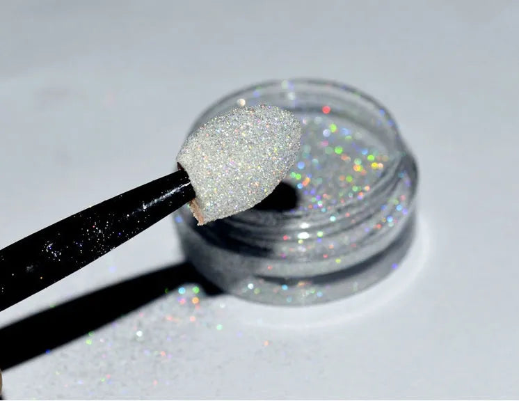 Silver nail rainbow powder laser mirror powder for UV gel nails with eyeshadow stick application and UV top coat sealing