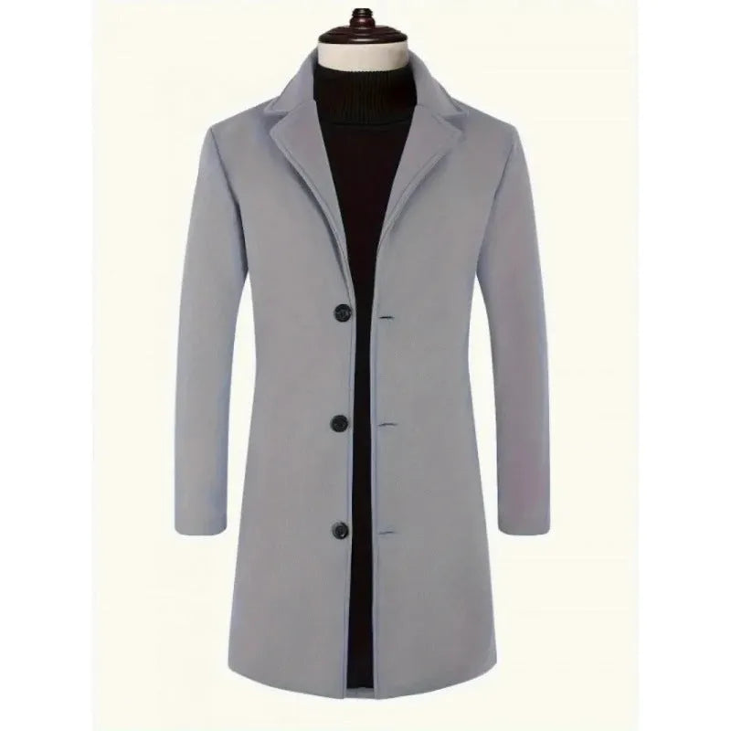Men's mid-length polyester trench coat, slim fit, no belt, side seam pockets, solid colour, sizes XS-XXXL
