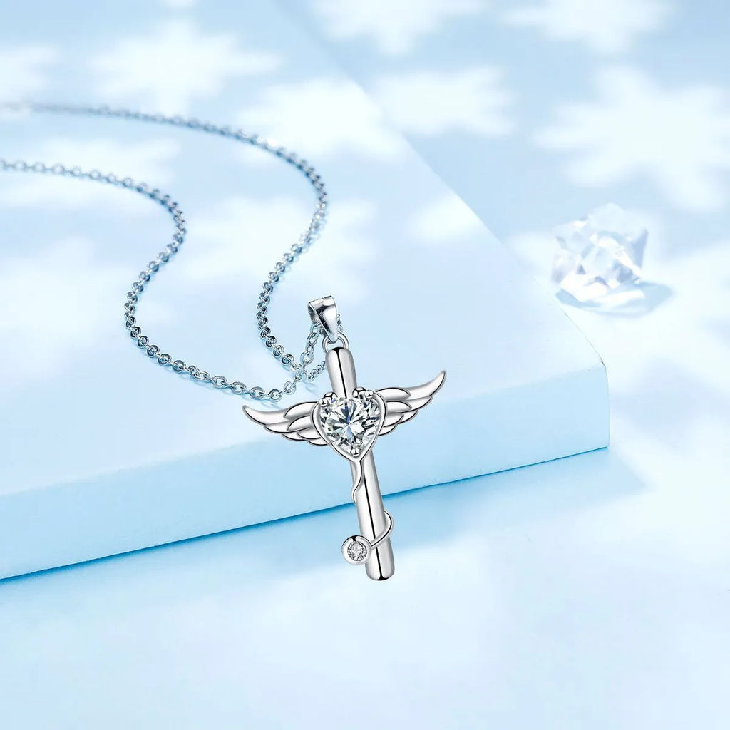 Wings cross stethoscope pendant necklace in electroplated copper with red diamond or white diamond colour options