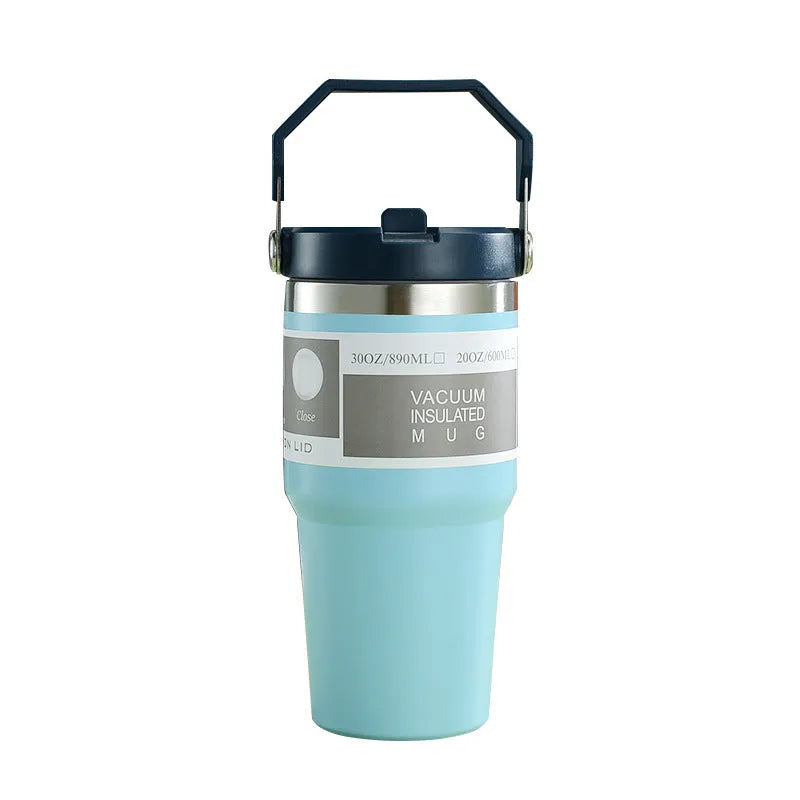 30oz stainless steel travel tumbler with handle and sliding lid in dark pink colour