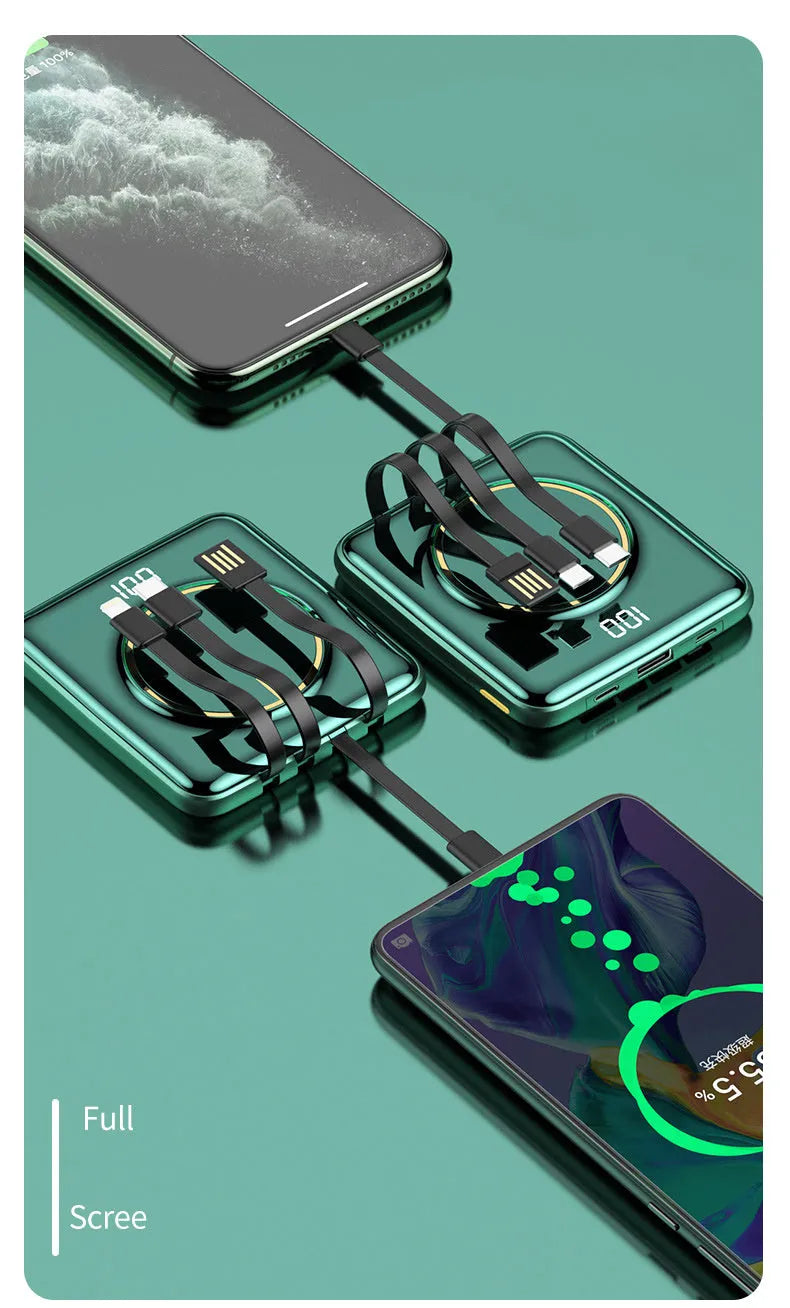 20000mAh portable power bank with LCD display showing battery percentage, available in black, green, and red colours