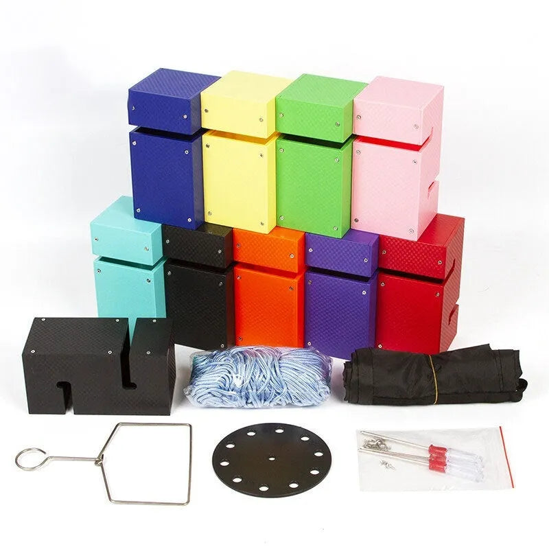 Outdoor team building game with 10 pull ropes, ABS plastic tower blocks, and hook frame set in various colours
