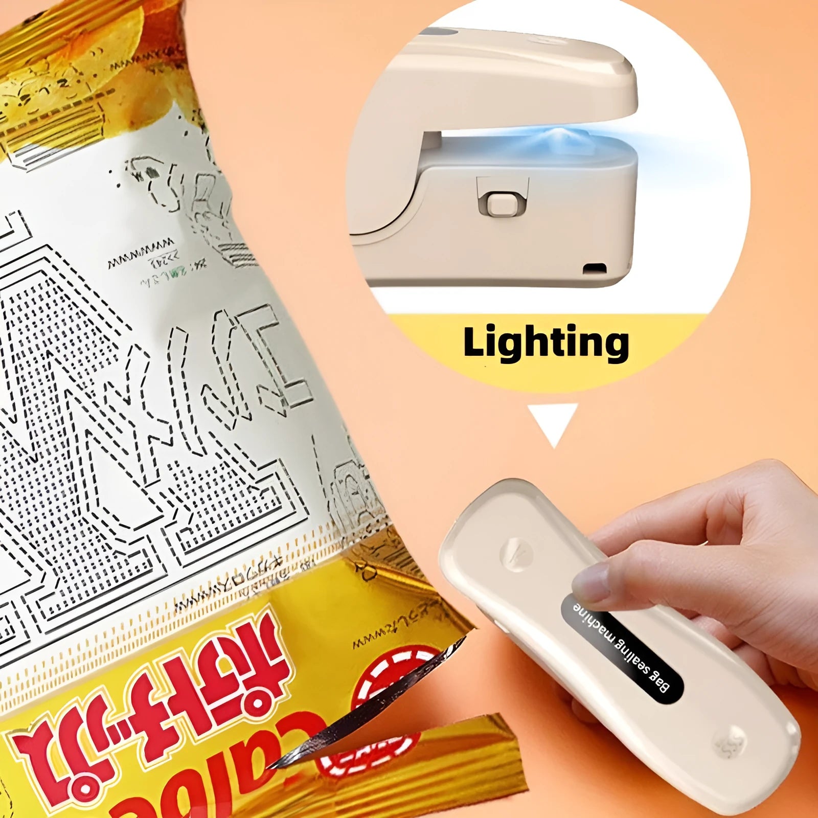 Portable USB rechargeable food sealing machine in milky white with magnetic patch