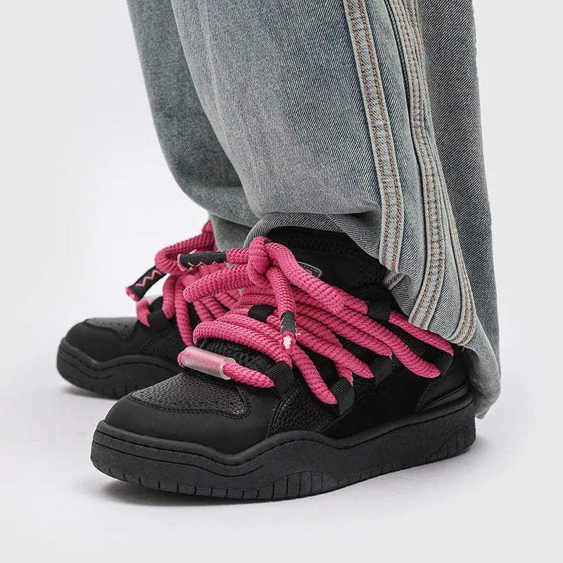 Thick bottom casual shoes in denim blue with round toe and front lace-up, showing mesh lining and rubber sole