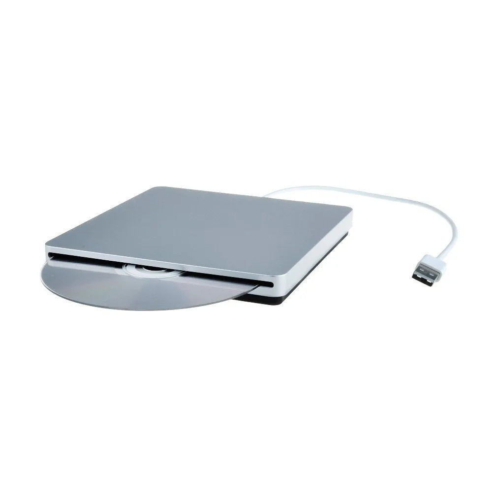 Silver external USB CD/DVD drive, 13.7 x 13.4 x 1.7 cm, for Mac OS and Windows