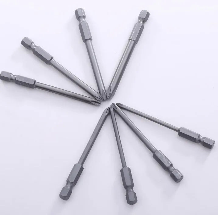 Set of eight 75mm long magnetic cross head screwdriver bits with hex shanks