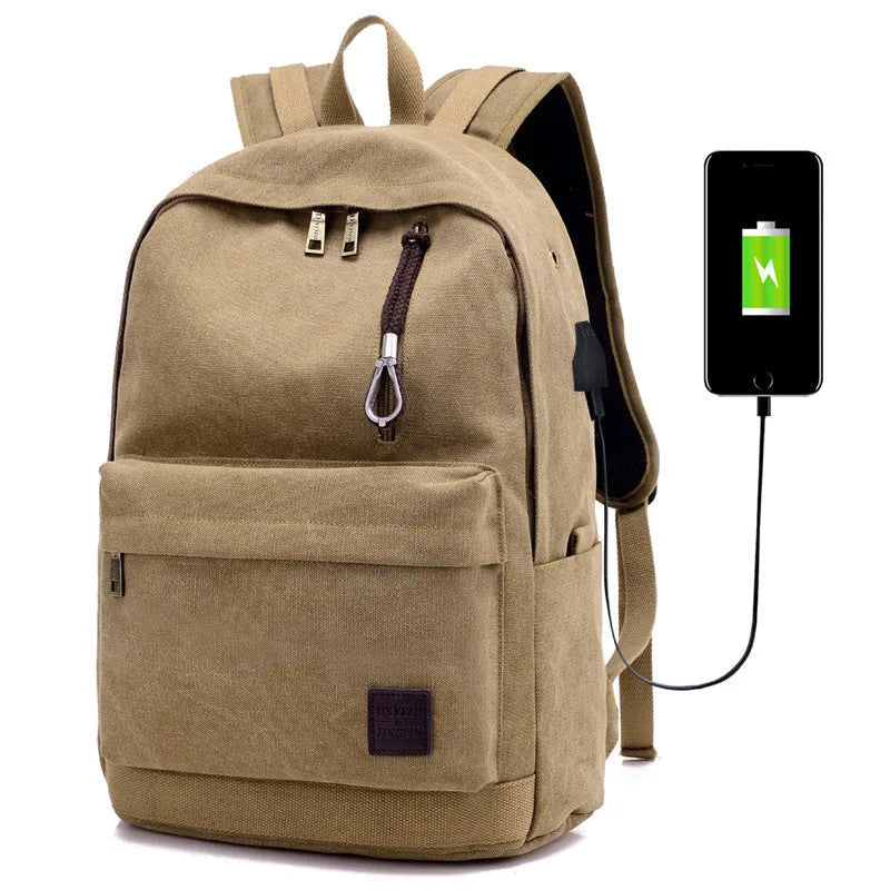 Canvas backpack with USB charging port showing front organisational pockets and adjustable shoulder straps
