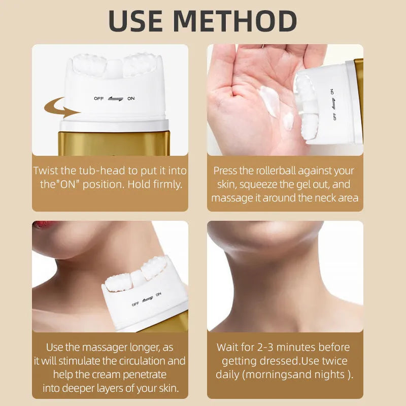 Neck moisturising cream in sample size with roller applicator for dry skin hydration