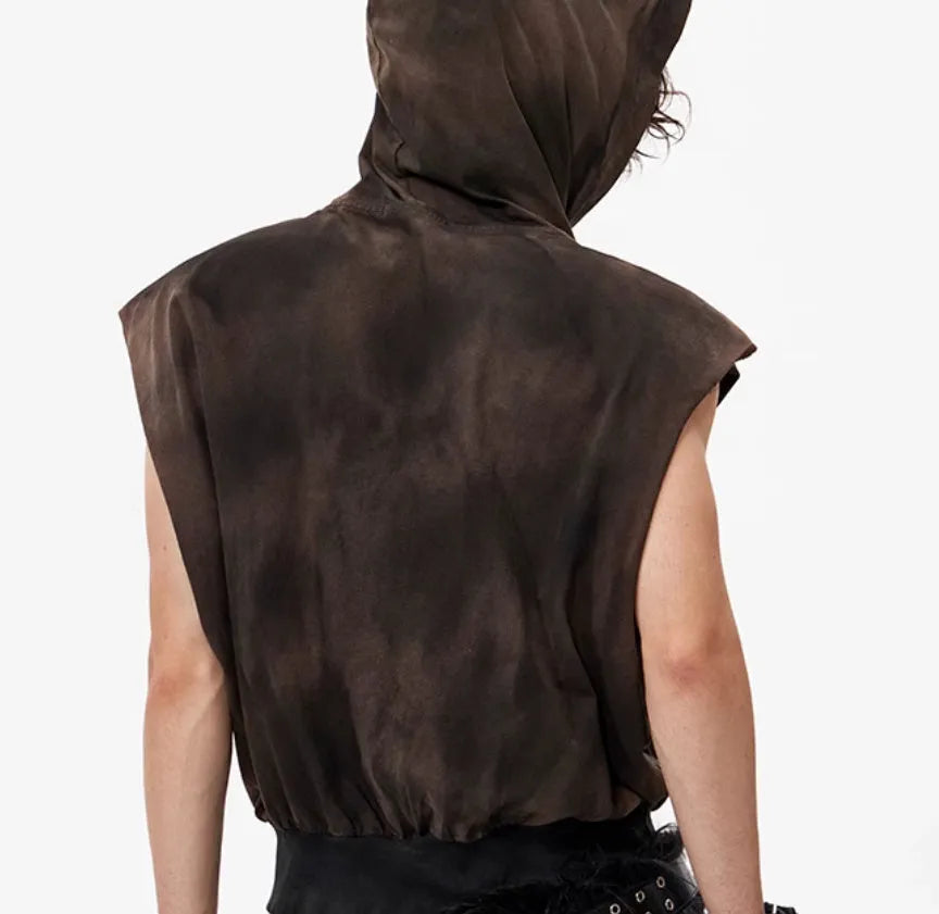 Khaki coloured cotton short sleeve hood vest on a hanger.