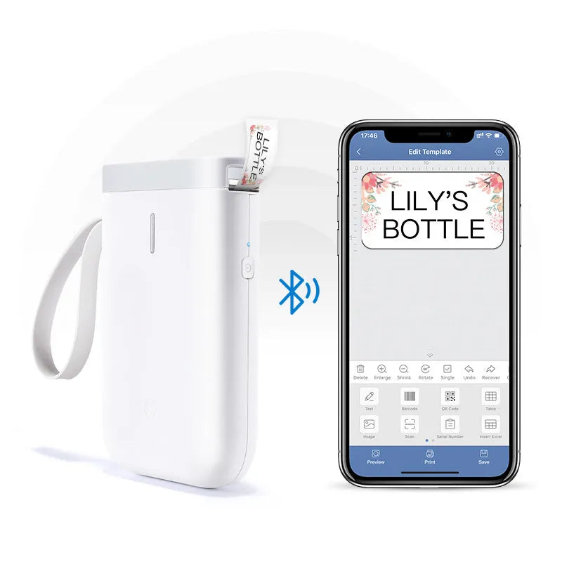 D11 compact Bluetooth thermal label printer in black on a desk next to a smartphone showing the control app.