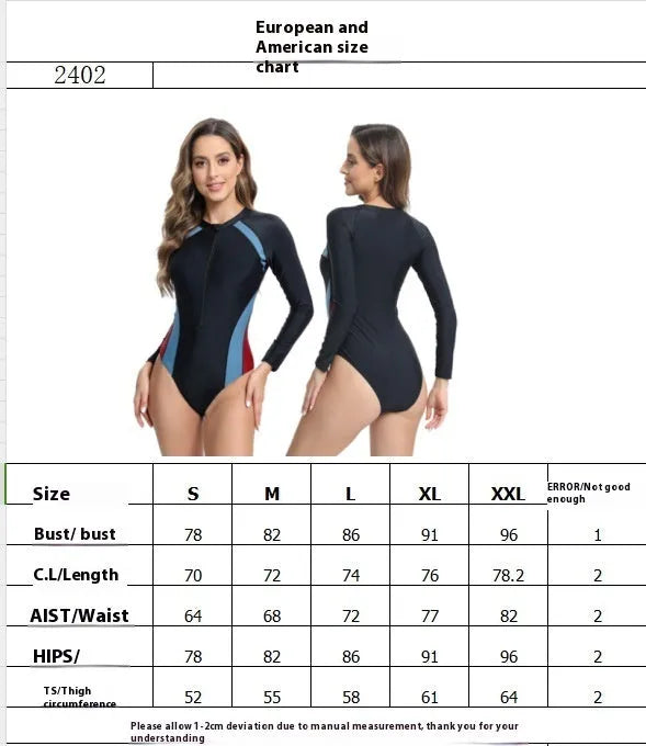 Blue and red long sleeve one-piece swimsuit with front zipper for racing training.