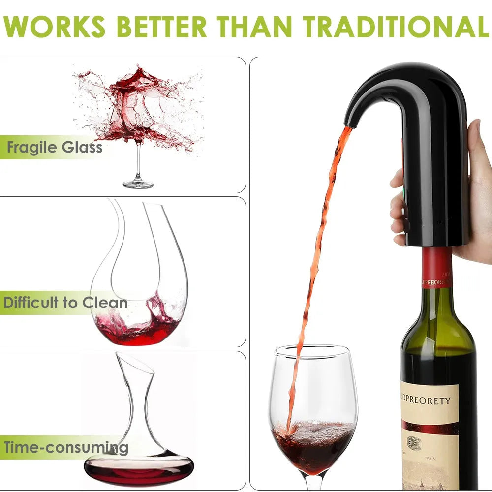 Black electric wine decanter with USB cable and silicone catheters for aerating red wine
