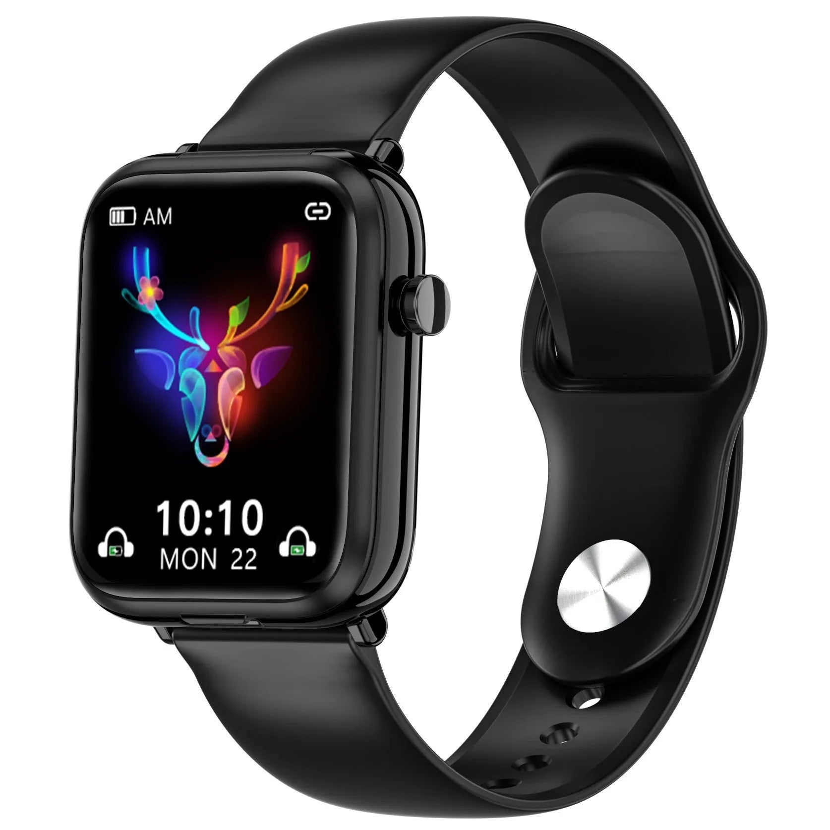 Black smart watch with 1.69-inch touch screen and zinc-aluminium alloy body showing fitness metrics display