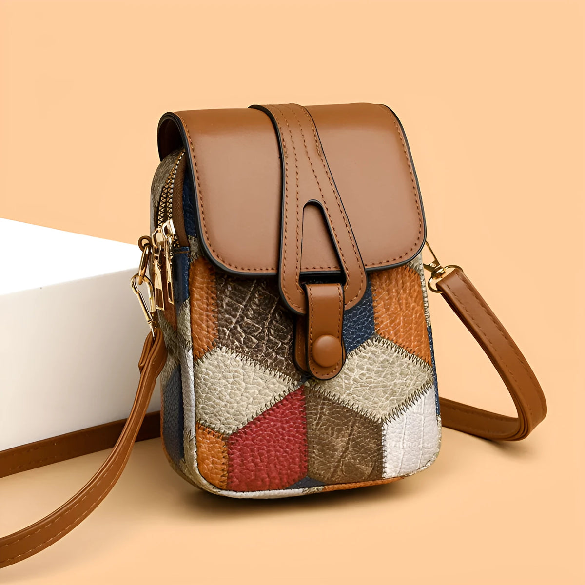 Vertical PU crossbody pouch in irregular blue brown with sandwich pocket and single shoulder strap