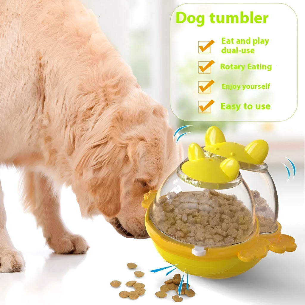 Yellow TPR dog tumbler food feeder toy with leakage design for interactive feeding