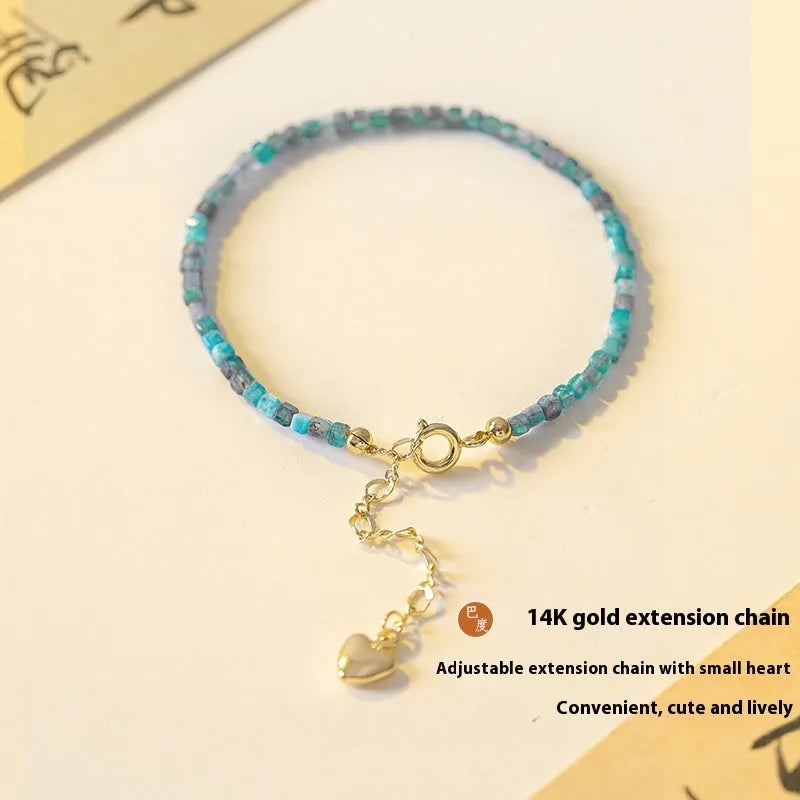 Blue and grey natural apatite crystal bracelet with diamond-shaped beads for women's wrists 14-18cm