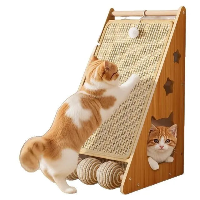 Vertical wall-mounted cat scratch board with teasing ball and sisal scratching surface