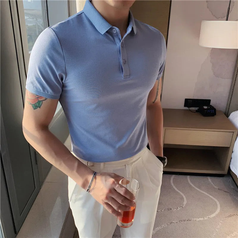 Solid colour polo shirt with lapels in slim Korean fit showing apricot colour option
