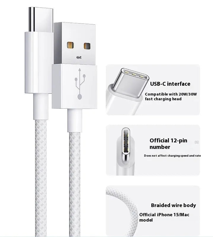 USB to Type-C braided data cable in creamy-white, for iPhone 15 car projection screen and CarPlay, 1m 1.5m 2m lengths