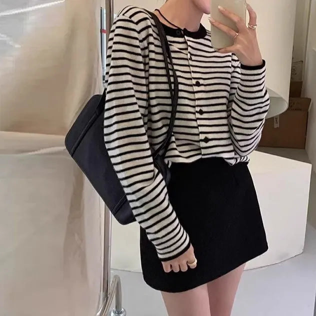 Women's dark grey and white striped French-style cardigan coat with 40cm length and slim fit