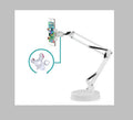 Black adjustable metal phone stand with long arm and rotating head on circular base