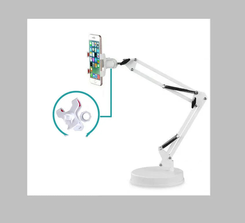 Black adjustable metal phone stand with long arm and rotating head on circular base