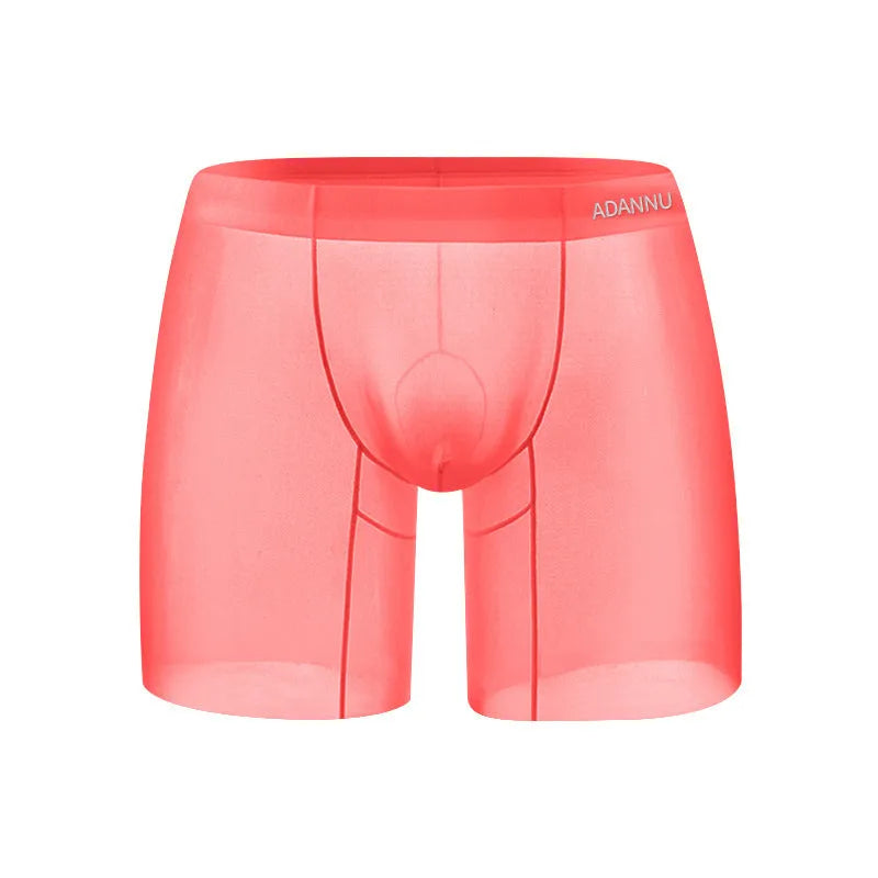 Men's low-waist ice silk boxers in orange, pink, or red solid colours, showing breathable nylon fabric