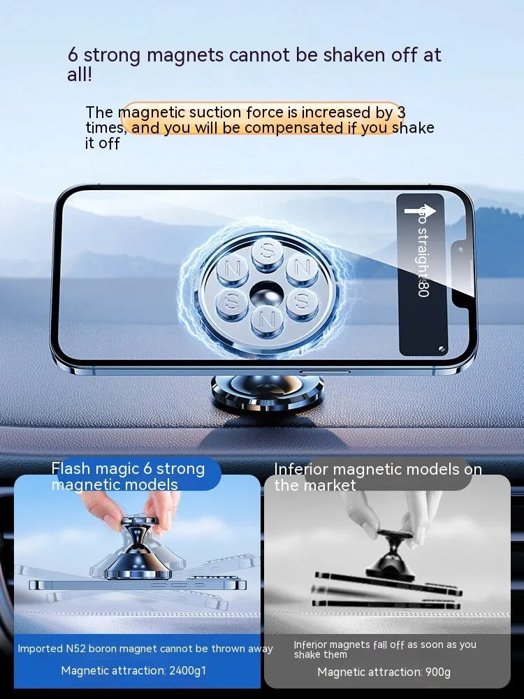 Shiny black magnetic car phone holder with dashboard adhesive mount and universal smartphone compatibility