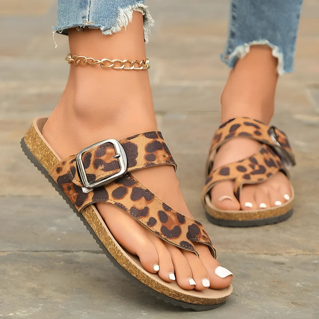 Leopard print Roman style slippers with covering toe design and wooden sole