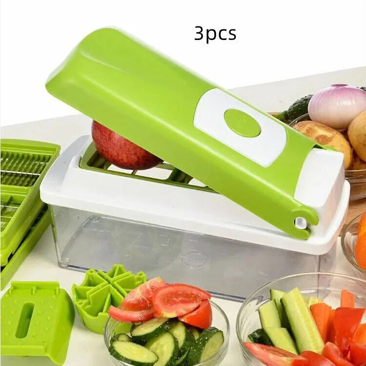 12-piece green vegetable chopper set with stainless steel blades and ABS plastic body, dimensions 30x15x12 cm