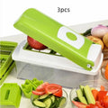 12-piece green vegetable chopper set with stainless steel blades and ABS plastic body, dimensions 30x15x12 cm