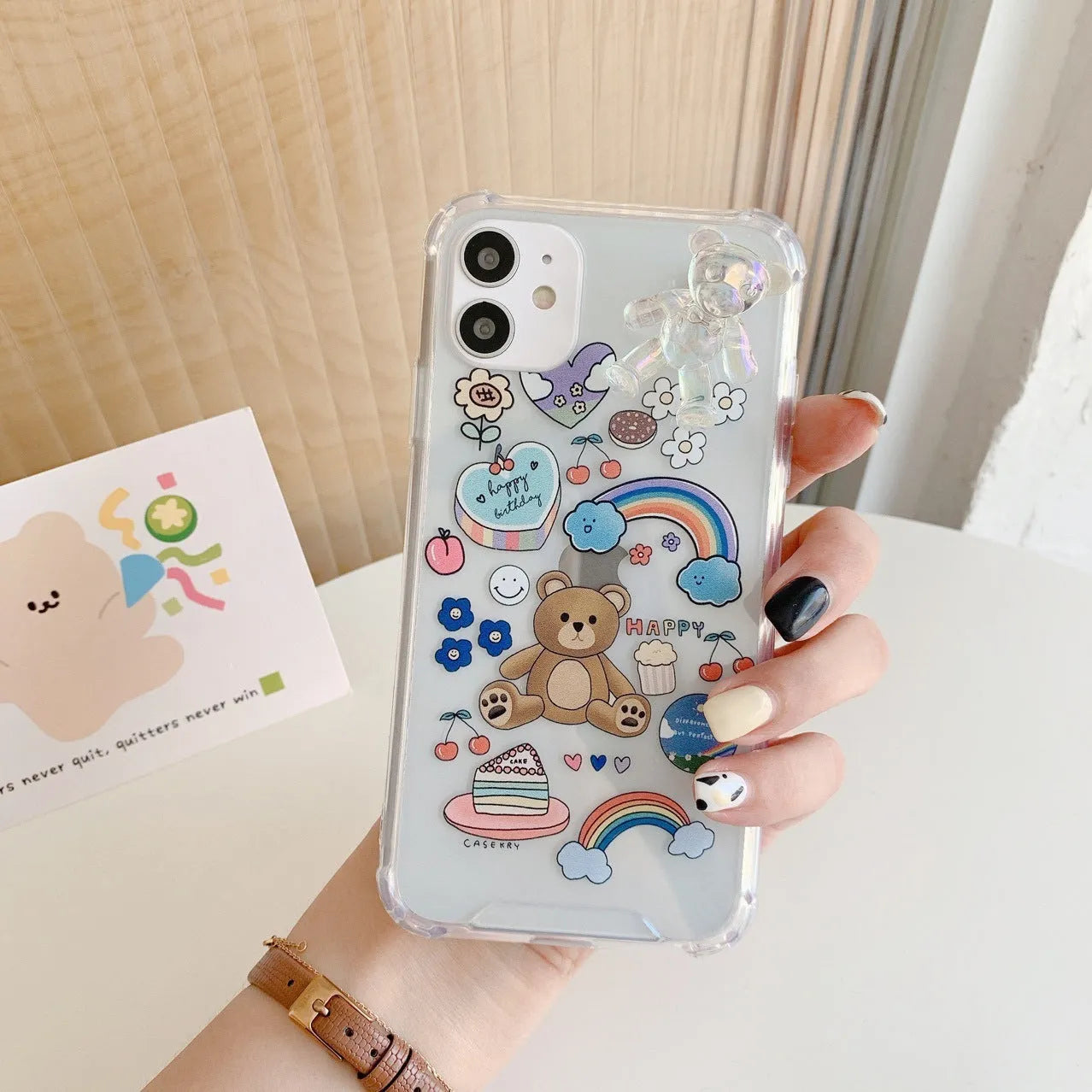 Bear chain protective iPhone case with cartoon design for multiple iPhone models