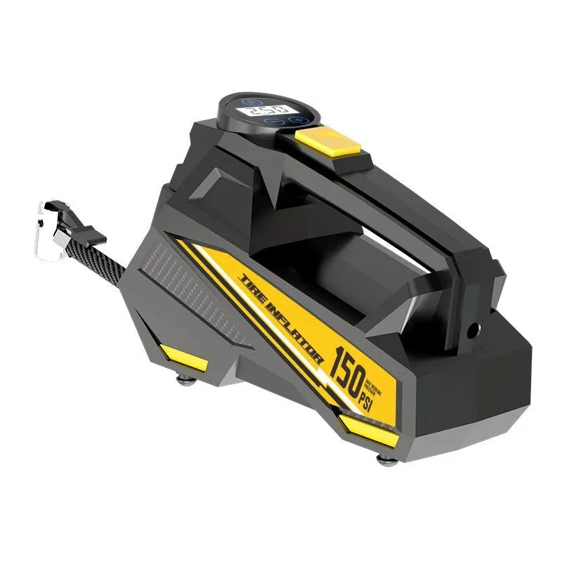 Black portable electric tyre inflator with digital display showing pressure reading, connected to car tyre valve