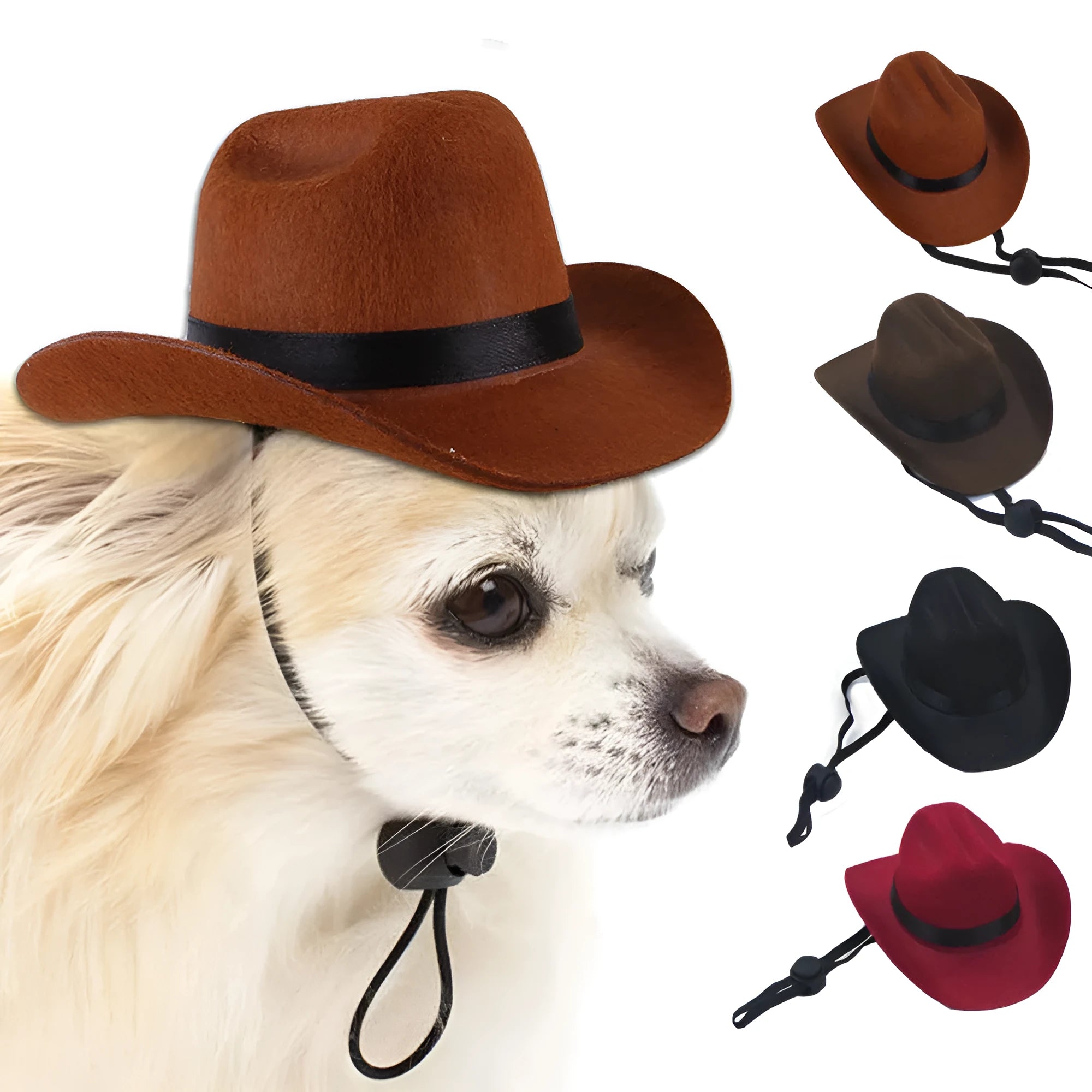 Adjustable pet cowboy hat in four colours for dog photography and cosplay
