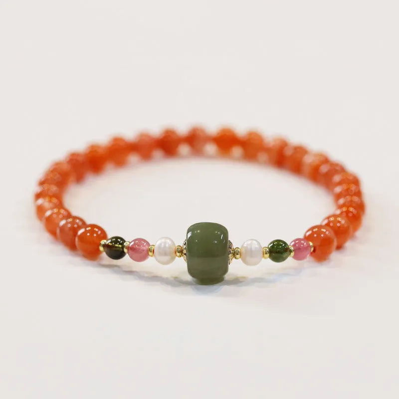 Natural Southern red agate women's bracelet with cherry red colour and polished round beads in ethnic retro style