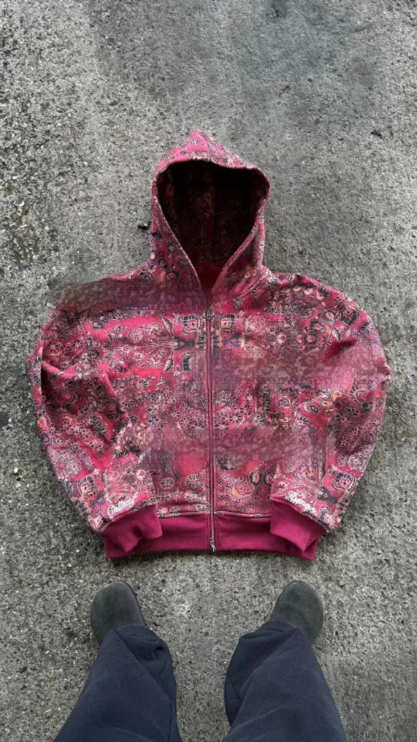 Men's loose hooded zip coat in digital print polyester fabric for casual autumn wear