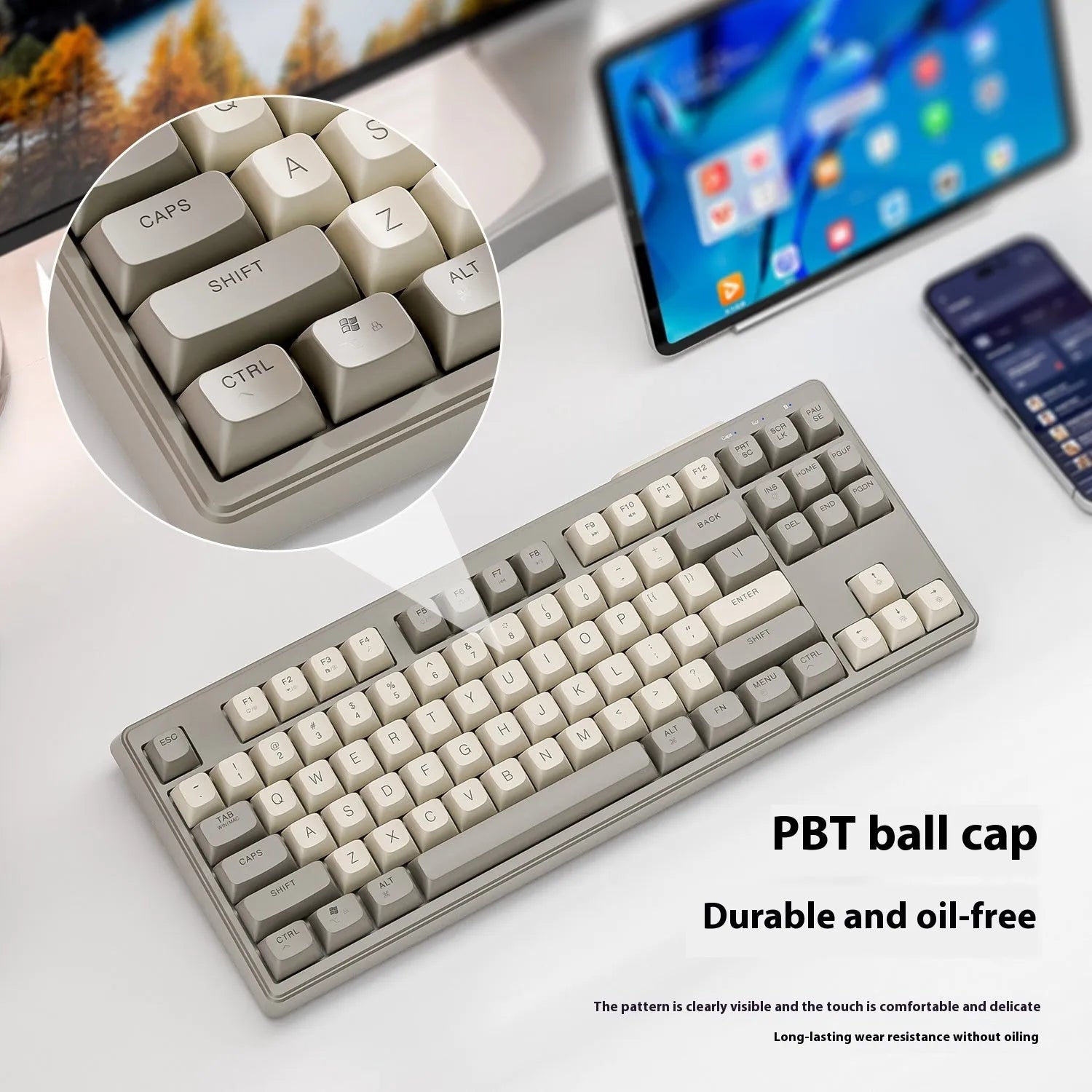 Wireless Bluetooth dual-mode keyboard with 38 cm width in blueberry colour showing USB receiver and cable