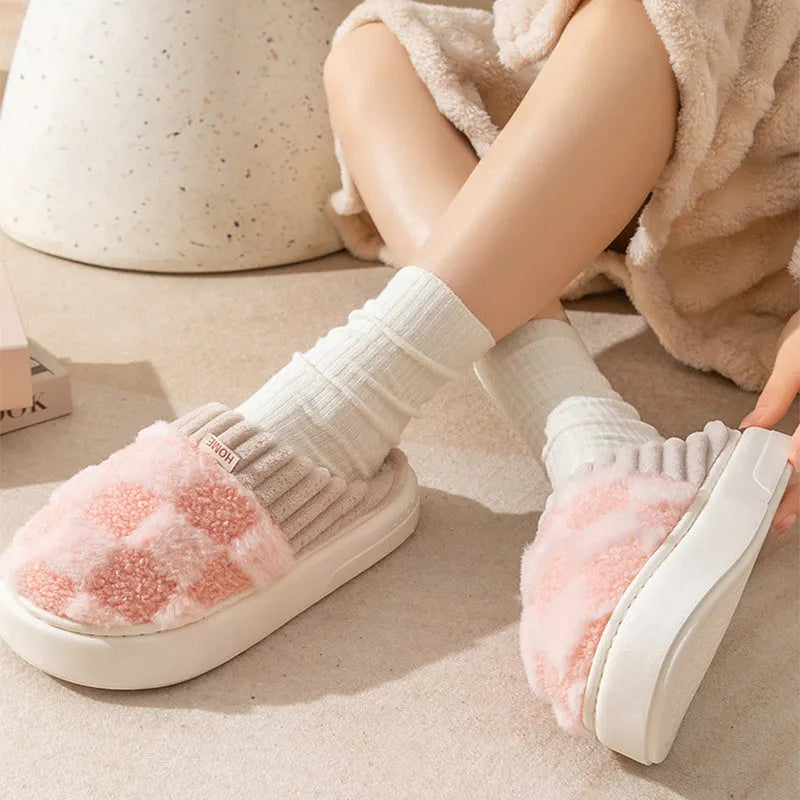 Plaid plush slippers for women with non-slip PVC sole and warm plush lining in multiple colours