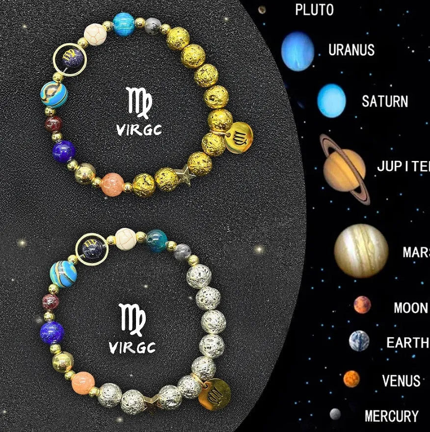 Two natural stone beaded bracelets with zodiac symbols, adjustable 18-22cm length on elastic cord