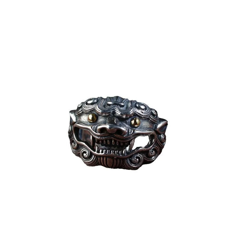 Adjustable open-style sterling silver ring with Jibeast zodiac pattern and diamond accents on finger