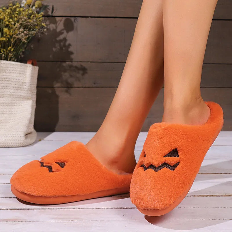 Orange pumpkin slippers with plush lining and non-slip PVC soles in UK sizes 36-43