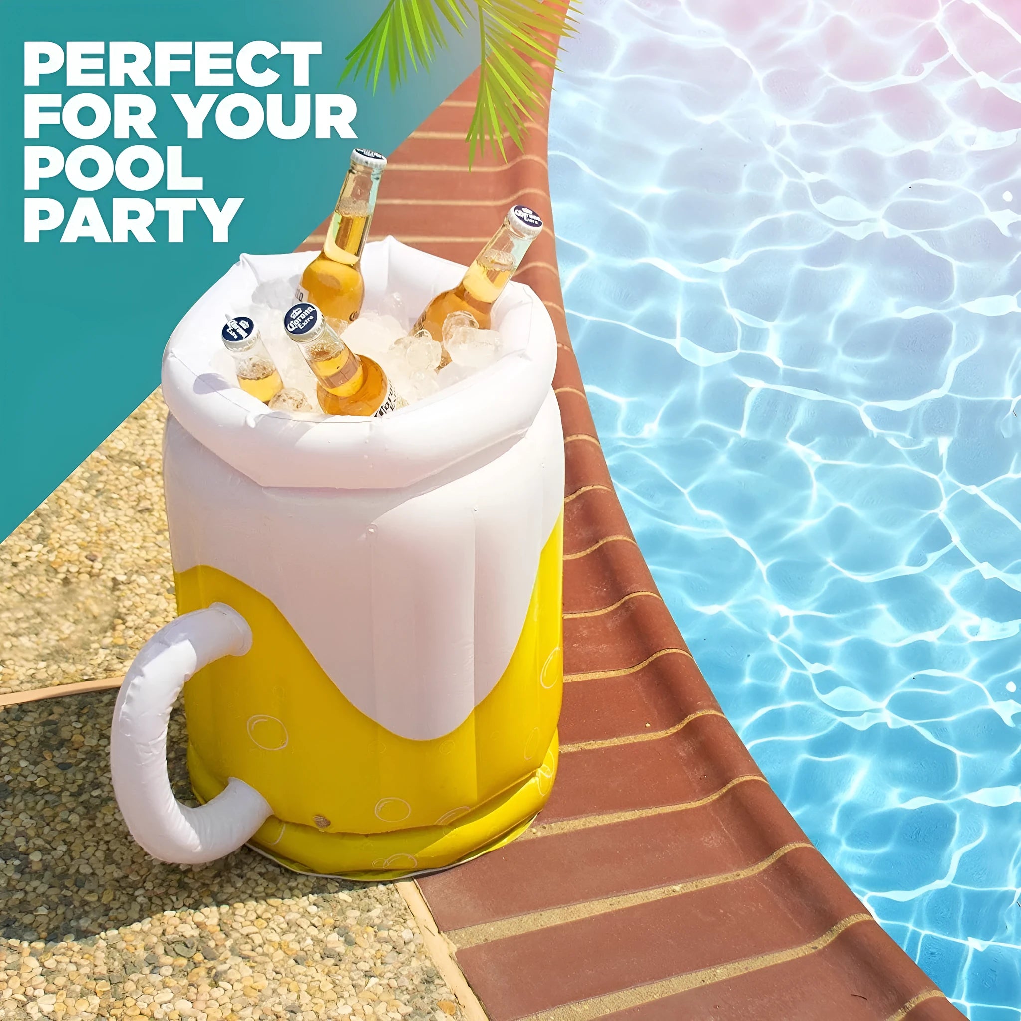 Yellow inflatable beer mug cooler pool float with drink-holding function