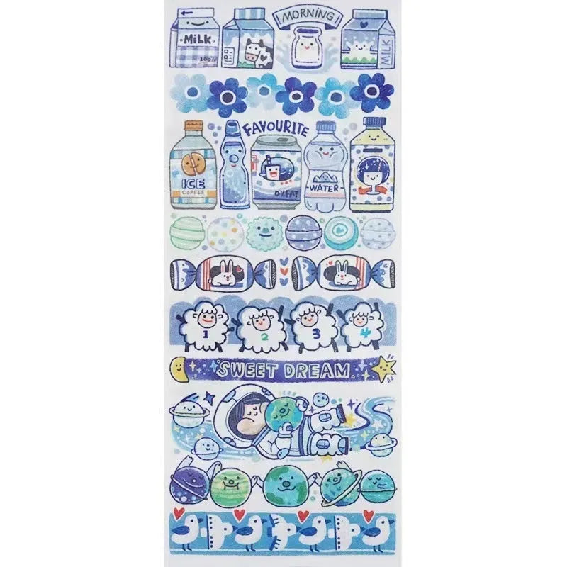 Haemorrhoid tape packaging stickers with cute cartoon characters printed on Japanese paper, showing design variety